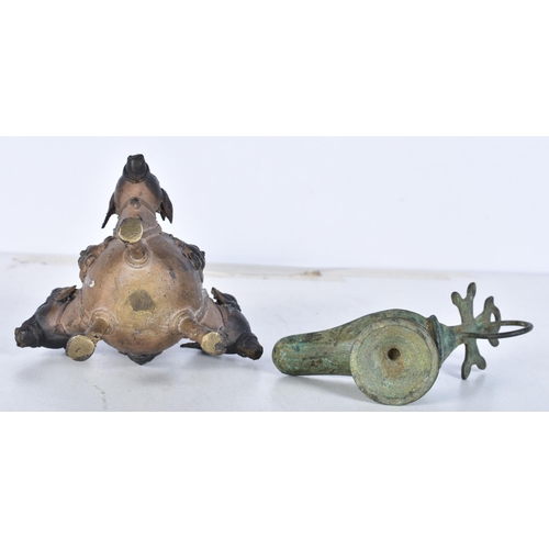 3095 - An early Central Asian bronze burner together with a small bronze oil lamp 11cm (2)