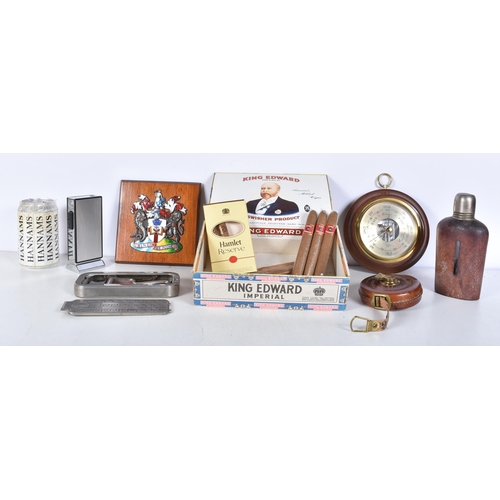 3103 - A miscellaneous collection of vintage items tape measure,barometer, razor, Sarome lighter, cigars et... 