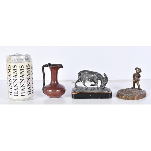 3105 - A small Pewter goat together with a brass novelty trinket dish and a Central Asian enamelled jug 7 x... 