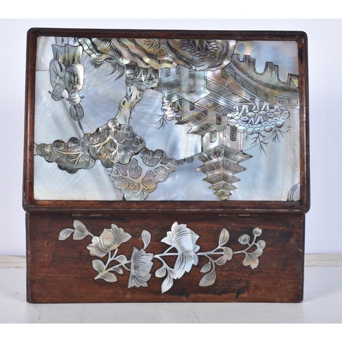 3108 - A small Chinese wooden box with mother of pearl inlay to sides and top.6.5 x 14 x 9cm.