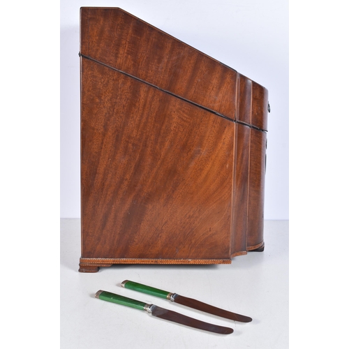 3239 - A Victorian wooden inlaid Knife box with cutlery and a silver key plate 39 x 23 x 30 cm