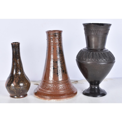 3252 - A Japanese glazed stoneware vase together with a small antique iron glaze vase and another vase 17cm... 