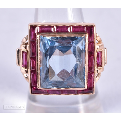 3906 - An Art Deco 18 Carat Gold, Aqua and Ruby Ring, Stamped 18K, Size M, weight 9.5g