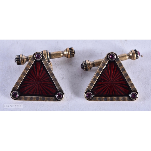 3907 - A Pair of Continental Silver Gilt, Enamel and Gem Set Cufflinks. Stamped 88. 2cm x 2cm, weight 15g