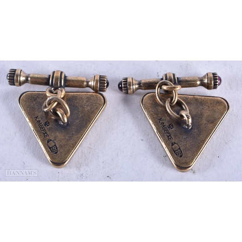 3907 - A Pair of Continental Silver Gilt, Enamel and Gem Set Cufflinks. Stamped 88. 2cm x 2cm, weight 15g