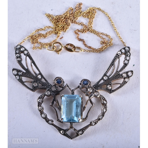 3915 - A Butterfly Pendant set with Diamonds and Aquamarine with an 18 Carat Gold Chain. Chain Stamped 750.... 