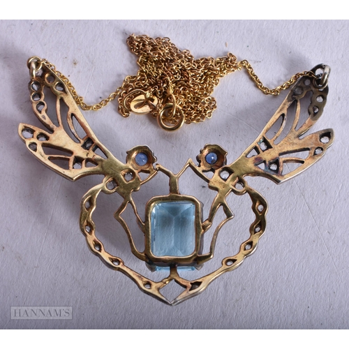 3915 - A Butterfly Pendant set with Diamonds and Aquamarine with an 18 Carat Gold Chain. Chain Stamped 750.... 