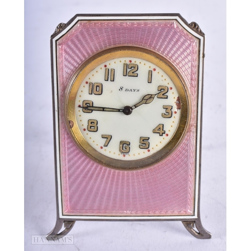 3940 - A Silver and Guilloche Enamel 8 Day Strut Clock. Stamped 935. 9.2cm x 6.8cm, not working, weight 193... 