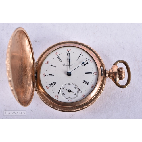 3947 - A 14 Carat Gold Plated Waltham Hunter Pocket Watch. Stamped 14K. 3.6cm diameter, Running missing gla... 