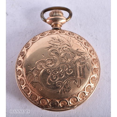 3947 - A 14 Carat Gold Plated Waltham Hunter Pocket Watch. Stamped 14K. 3.6cm diameter, Running missing gla... 