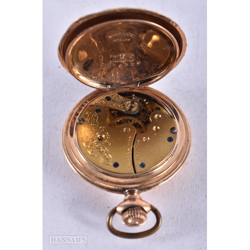 3947 - A 14 Carat Gold Plated Waltham Hunter Pocket Watch. Stamped 14K. 3.6cm diameter, Running missing gla... 