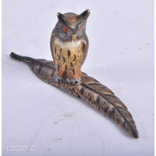 3980 - A Cold Painted Bronze of an Owl standing on a Leaf. 7.1cm x 3.1cm x 1.4cm