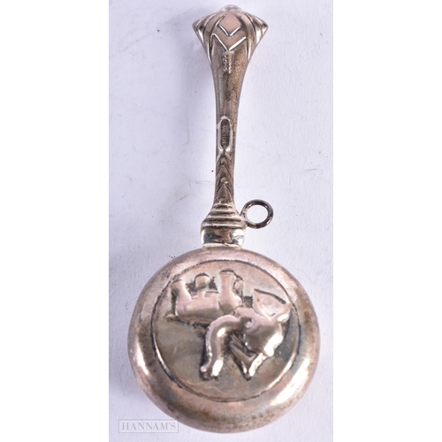 3996 - A Silver Babies Rattle. Stamped Sterling. 11.4cm x 4.4cm x 1.9cm, weight 24.4g