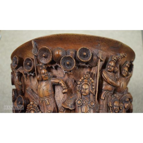 2867 - AN 18TH/19TH CENTURY CHINESE CARVED BAMBOO BRUSH POT Bitong. 21 cm x 20 cm.