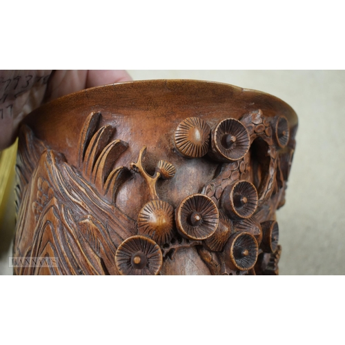 2867 - AN 18TH/19TH CENTURY CHINESE CARVED BAMBOO BRUSH POT Bitong. 21 cm x 20 cm.