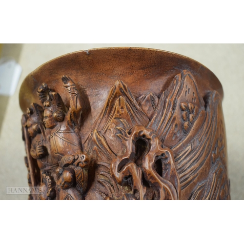 2867 - AN 18TH/19TH CENTURY CHINESE CARVED BAMBOO BRUSH POT Bitong. 21 cm x 20 cm.