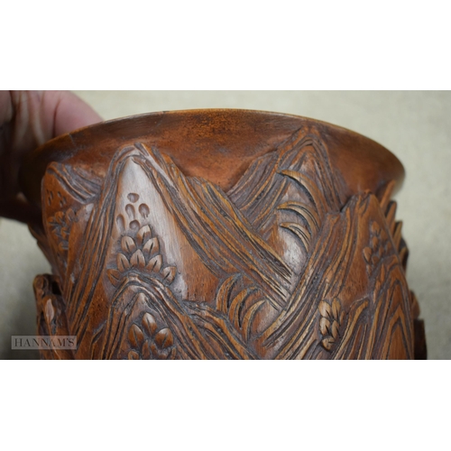 2867 - AN 18TH/19TH CENTURY CHINESE CARVED BAMBOO BRUSH POT Bitong. 21 cm x 20 cm.