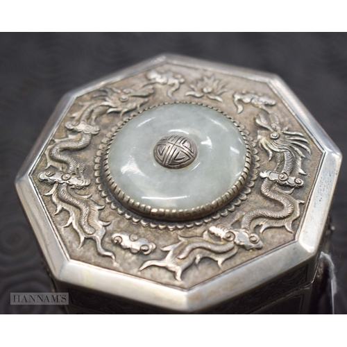 45C - A LATE 19TH CENTURY CHINESE STRAITS SILVER BOX AND COVER inset with a jadeite disc. 8 x 8.5 cm