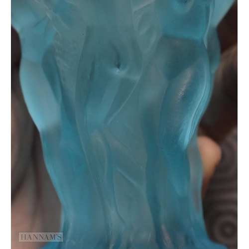 518 - A CZECH BLUE GLASS NUDE WOMEN VASE. 13 cm high.