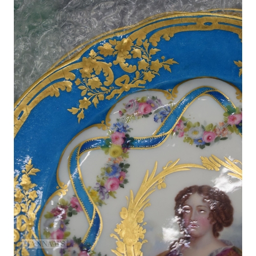 705 - A LOVELY SET OF SIX 19TH CENTURY FRENCH SEVRES PORCELAIN PLATES painted with portraits and gilt flow... 