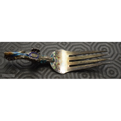 720 - A FINE SET OF 19TH CENTURY AUSTRIAN VIENNA SILVER GILT AND ENAMEL CUTLERY. 20 cm long. (6)