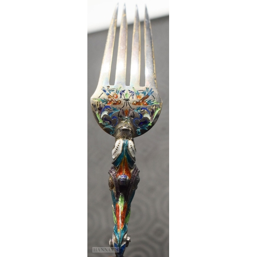 720 - A FINE SET OF 19TH CENTURY AUSTRIAN VIENNA SILVER GILT AND ENAMEL CUTLERY. 20 cm long. (6)