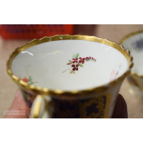 847 - Early 19th century two Chamberlains cups and saucers with gadroon border painted with flowers and t... 