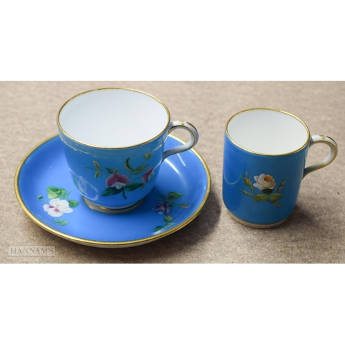 854 - Pre-1891 Minton teacup, coffee cup and saucer, the turquoise ground painted with flowers in raised e... 