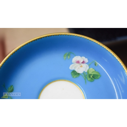 854 - Pre-1891 Minton teacup, coffee cup and saucer, the turquoise ground painted with flowers in raised e... 