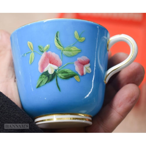 854 - Pre-1891 Minton teacup, coffee cup and saucer, the turquoise ground painted with flowers in raised e... 