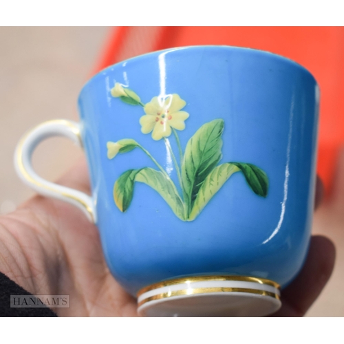 854 - Pre-1891 Minton teacup, coffee cup and saucer, the turquoise ground painted with flowers in raised e... 