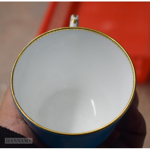 854 - Pre-1891 Minton teacup, coffee cup and saucer, the turquoise ground painted with flowers in raised e... 