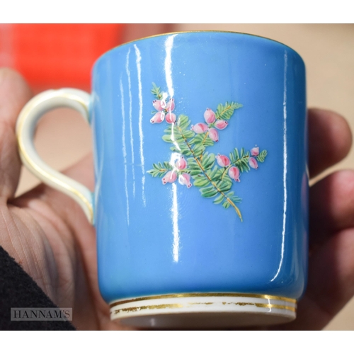 854 - Pre-1891 Minton teacup, coffee cup and saucer, the turquoise ground painted with flowers in raised e... 