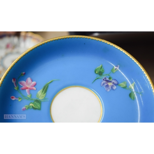 854 - Pre-1891 Minton teacup, coffee cup and saucer, the turquoise ground painted with flowers in raised e... 