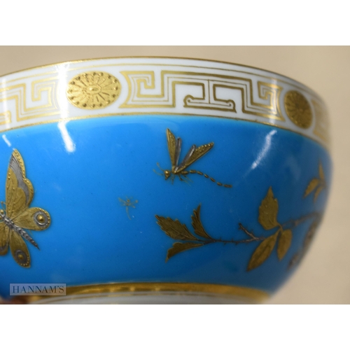 856 - Pre-1891 Minton teacup, the turquoise ground decorated in gold and platinum with wild plants and but... 