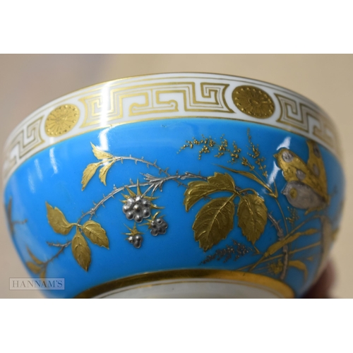 856 - Pre-1891 Minton teacup, the turquoise ground decorated in gold and platinum with wild plants and but... 