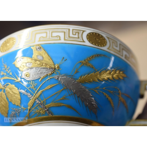 856 - Pre-1891 Minton teacup, the turquoise ground decorated in gold and platinum with wild plants and but... 