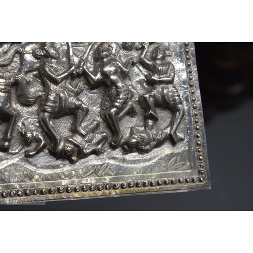 25D - A RARE LARGE 19TH CENTURY INDIAN BURMESE SILVER REPOUSSE PLAQUE decorated with numerous figures in v... 