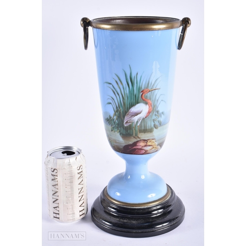 1 - A VICTORIAN LAVENDER OPALINE GLASS OIL LAMP BASE painted with a bird upon a lake. 32 cm high.