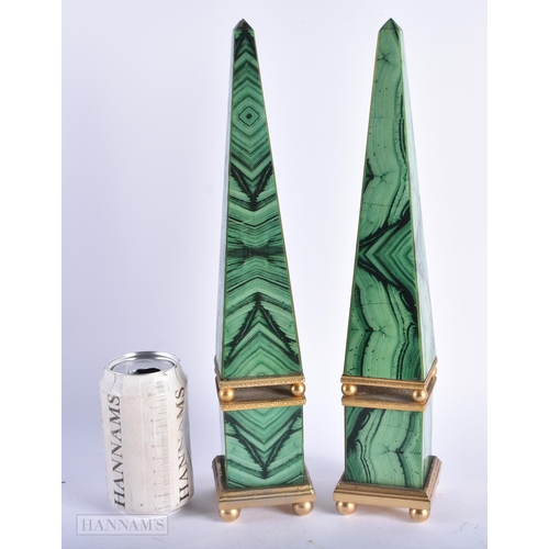 10 - A PAIR OF IMITATION MALACHITE COUNTRY HOUSE OBELISKS. 36 cm high.