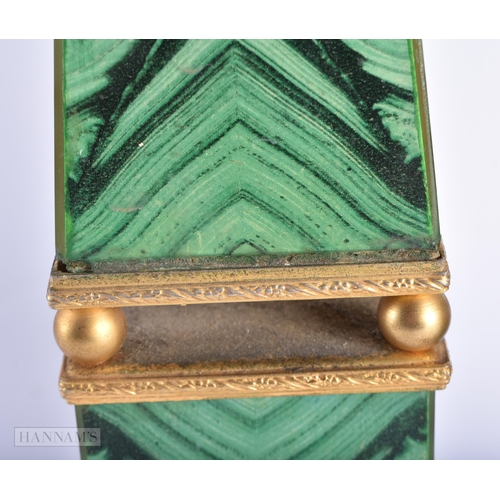 10 - A PAIR OF IMITATION MALACHITE COUNTRY HOUSE OBELISKS. 36 cm high.