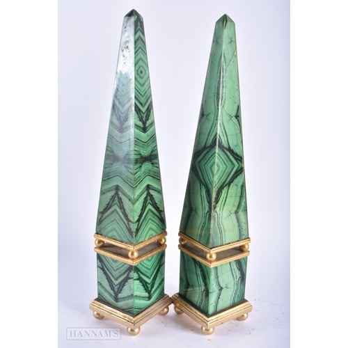 10 - A PAIR OF IMITATION MALACHITE COUNTRY HOUSE OBELISKS. 36 cm high.