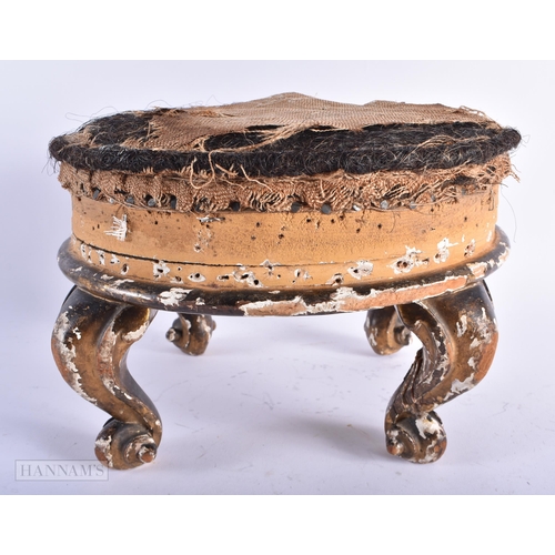 14 - AN 18TH/19TH CENTURY CONTINENTAL GILTWOOD STOOL with scrolling legs. 30 cm x 18cm.