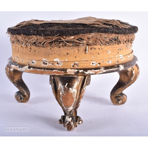 14 - AN 18TH/19TH CENTURY CONTINENTAL GILTWOOD STOOL with scrolling legs. 30 cm x 18cm.