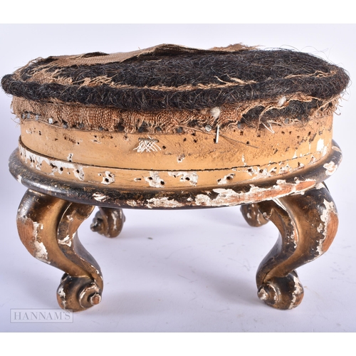 14 - AN 18TH/19TH CENTURY CONTINENTAL GILTWOOD STOOL with scrolling legs. 30 cm x 18cm.