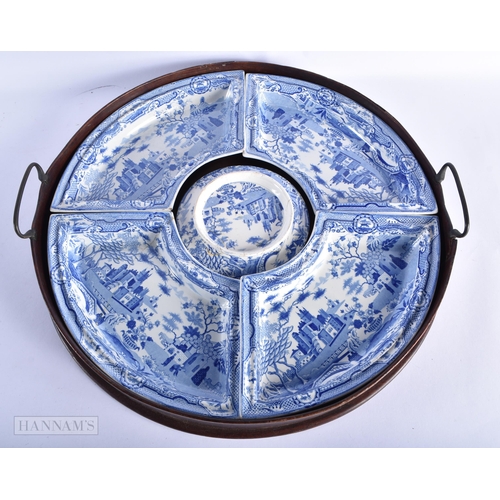 151 - A SET OF 19TH CENTURY ENGLISH BLUE AND WHITE HORDERVES DISHES. 48 cm wide.