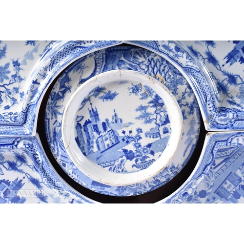 151 - A SET OF 19TH CENTURY ENGLISH BLUE AND WHITE HORDERVES DISHES. 48 cm wide.