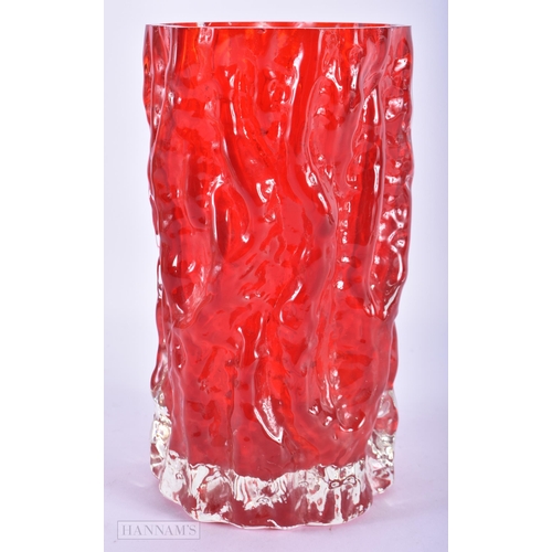 153 - AN IRIDESCENT TIFFANY TYPE DISH together with a red bark form glass vase. Largest 20 cm high. (2)