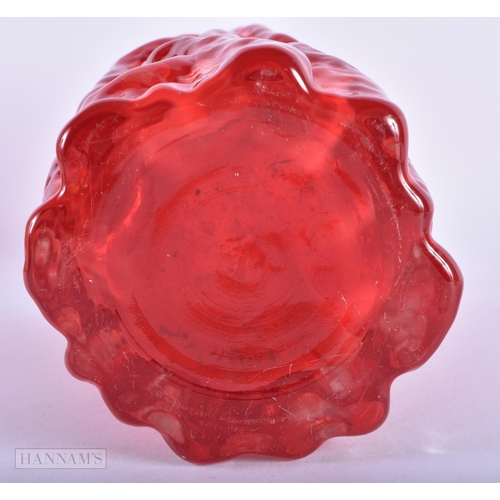 153 - AN IRIDESCENT TIFFANY TYPE DISH together with a red bark form glass vase. Largest 20 cm high. (2)