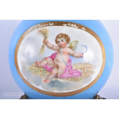 156 - A LARGE 19TH CENTURY FRENCH PARIS PORCELAIN LAMP painted with putti. 34 cm high.